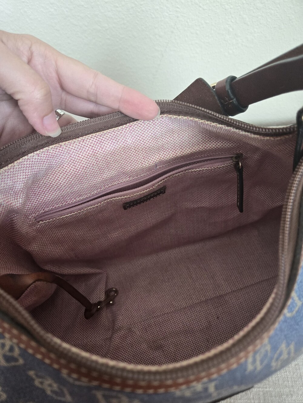 Dooney & Bourke Blue Denim Logo Hobo with Brown Trim, Medium East/West Slouch - Picture 16 of 17